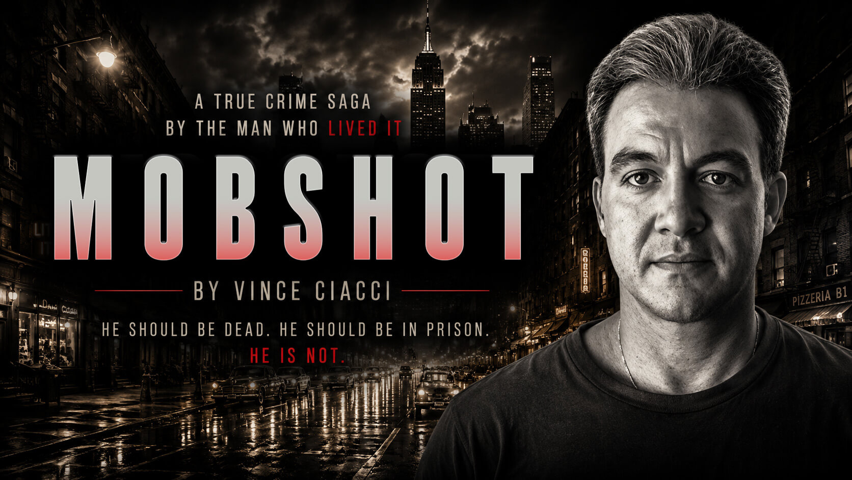 Mobshot by Vince Ciacci true crime podcast hero image featuring Vince Ciacci and a New York City skyline